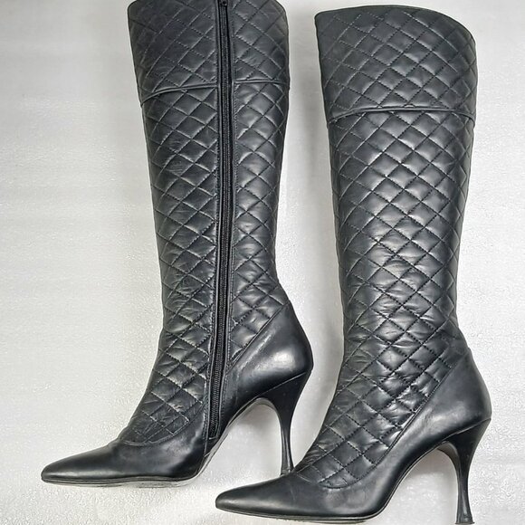 Delman Black Quilted Leather Knee-High StiletDeto Boots Women's 9 18" Shaft VGUC - Picture 5 of 16